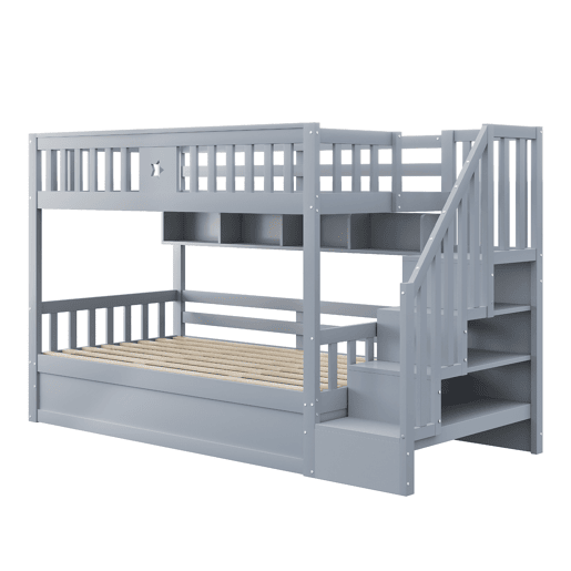 Cama alta 90x200 cm - Cama juvenil, com escada de arrumação e prateleiras - Cinza