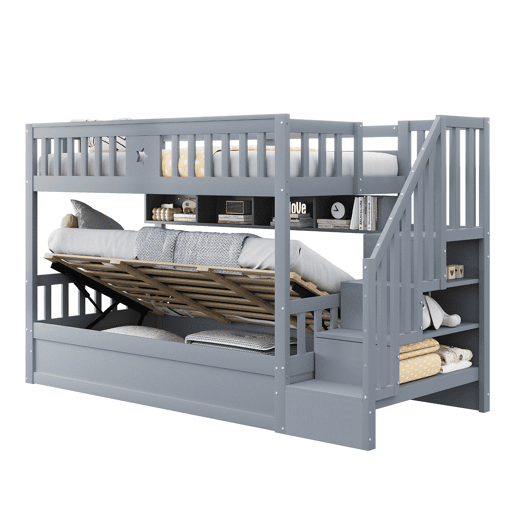 Cama alta 90x200 cm - Cama juvenil, com escada de arrumação e prateleiras - Cinza