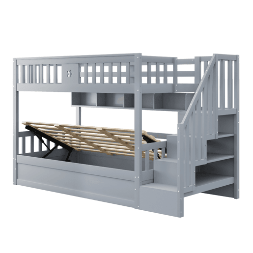 Cama alta 90x200 cm - Cama juvenil, com escada de arrumação e prateleiras - Cinza