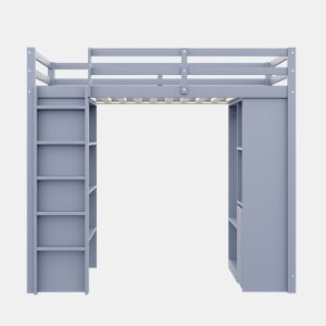 Cama alta infantil 90x200 cm - Com prateleiras multi-níveis, ganchos simples, compartimentos de arrumação, carrinho organizador removível - Cinza