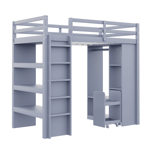 Cama alta infantil 90x200 cm - Com prateleiras multi-níveis, ganchos simples, compartimentos de arrumação, carrinho organizador removível - Cinza