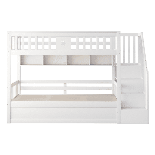 Cama alta 90x200 cm - Cama juvenil, escadas com arrumação, prateleiras, cama loft, hidráulica - Branco