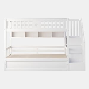 Cama alta 90x200 cm - Cama juvenil, escadas com arrumação, prateleiras, cama loft, hidráulica - Branco