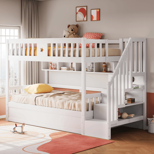 Cama alta 90x200 cm - Cama juvenil, escadas com arrumação, prateleiras, cama loft, hidráulica - Branco
