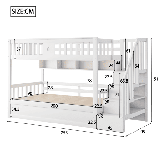 Cama alta 90x200 cm - Cama juvenil, escadas com arrumação, prateleiras, cama loft, hidráulica - Branco