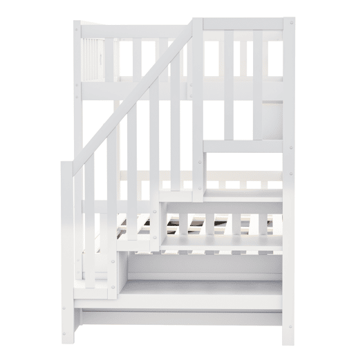 Cama alta 90x200 cm - Cama juvenil, escadas com arrumação, prateleiras, cama loft, hidráulica - Branco