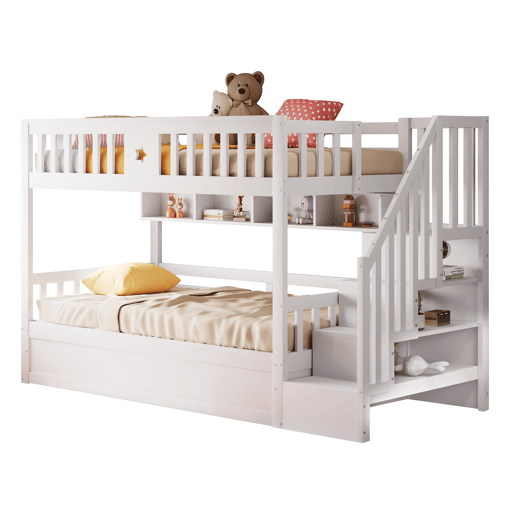 Cama alta 90x200 cm - Cama juvenil, escadas com arrumação, prateleiras, cama loft, hidráulica - Branco