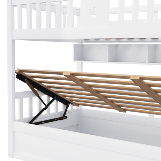 Cama alta 90x200 cm - Cama juvenil, escadas com arrumação, prateleiras, cama loft, hidráulica - Branco