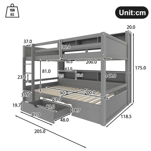 Litera 90x200 cm - com gavetas, com compartimentos de arrumação, sem colchão - Cinza