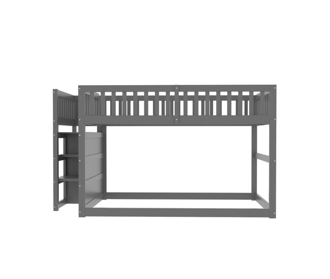 Cama litera baja 140x200 cm - cama de seguridad con espacio de almacenamiento, diseño de barandilla alta - gris