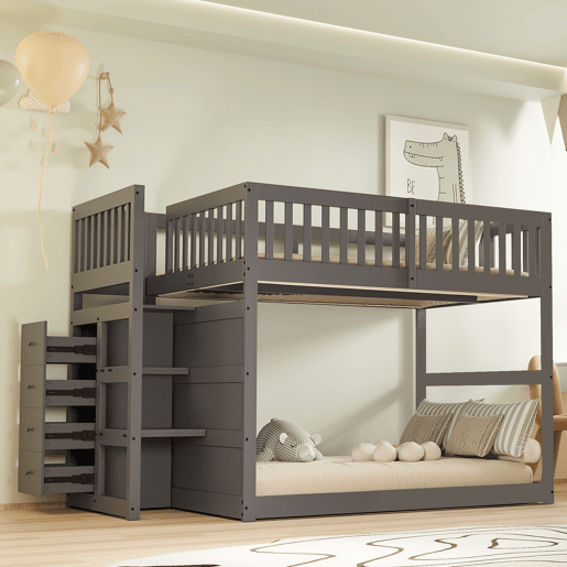 Cama beliche baixa 140x200 cm - Cama de segurança com espaço de arrumação, design com grades altas - Cinza