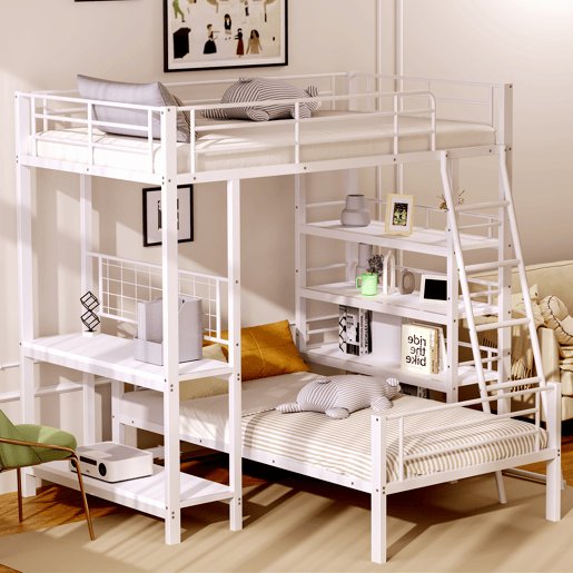 Litera metálica 90*200 - Cama multifuncional com prateleiras - Branca
