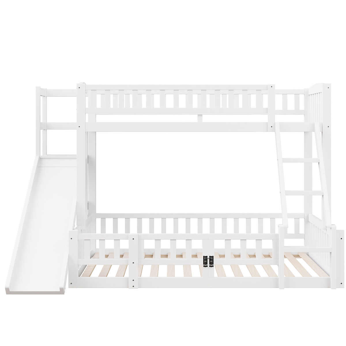 Cama litera 90x200 cm y 140x200 cm - barandilla, madera de pino, tobogán, escaleras, en747, múltiples estantes, puerta pequeña extensible - blanco