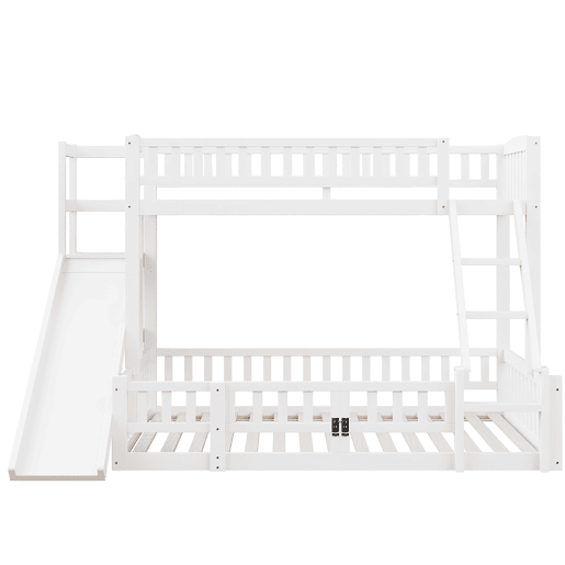 Cama beliche 90x200 cm e 140x200 cm - Corrimão, madeira de pinho, escorregador, escadas, En747, várias prateleiras, porta pequena extensível - Branco