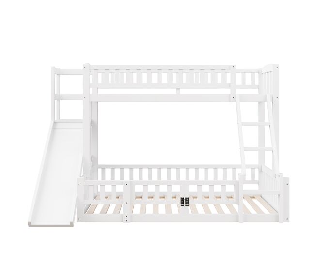 Cama litera 90x200 cm y 140x200 cm - barandilla, madera de pino, tobogán, escaleras, en747, múltiples estantes, puerta pequeña extensible - blanco