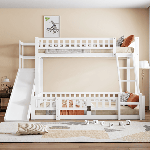 Cama beliche 90x200 cm e 140x200 cm - Corrimão, madeira de pinho, escorregador, escadas, En747, várias prateleiras, porta pequena extensível - Branco
