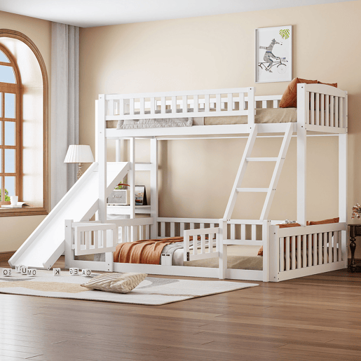 Cama beliche 90x200 cm e 140x200 cm - Corrimão, madeira de pinho, escorregador, escadas, En747, várias prateleiras, porta pequena extensível - Branco
