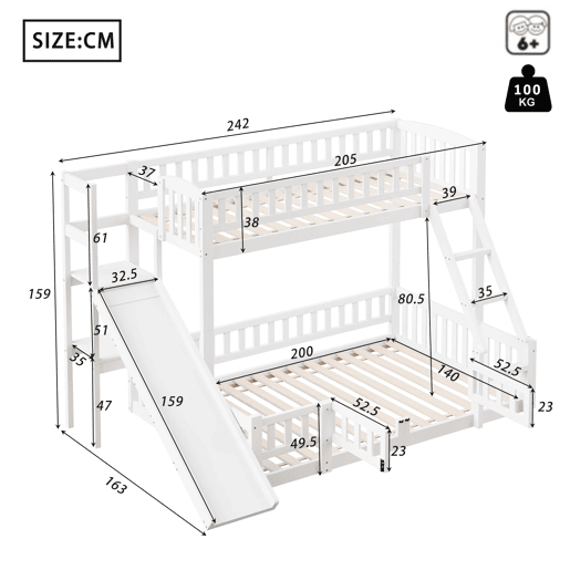 Cama beliche 90x200 cm e 140x200 cm - Corrimão, madeira de pinho, escorregador, escadas, En747, várias prateleiras, porta pequena extensível - Branco