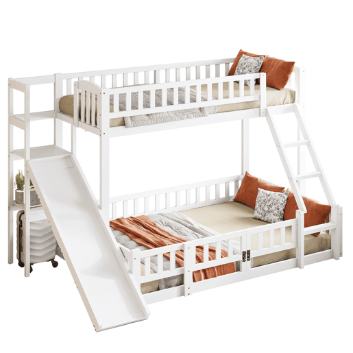 Cama beliche 90x200 cm e 140x200 cm - Corrimão, madeira de pinho, escorregador, escadas, En747, várias prateleiras, porta pequena extensível - Branco