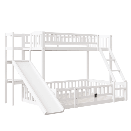 Cama beliche 90x200 cm e 140x200 cm - Corrimão, madeira de pinho, escorregador, escadas, En747, várias prateleiras, porta pequena extensível - Branco