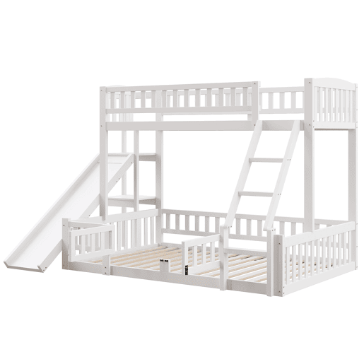 Cama beliche 90x200 cm e 140x200 cm - Corrimão, madeira de pinho, escorregador, escadas, En747, várias prateleiras, porta pequena extensível - Branco