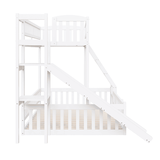 Cama beliche 90x200 cm e 140x200 cm - Corrimão, madeira de pinho, escorregador, escadas, En747, várias prateleiras, porta pequena extensível - Branco