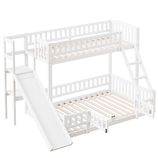 Cama beliche 90x200 cm e 140x200 cm - Corrimão, madeira de pinho, escorregador, escadas, En747, várias prateleiras, porta pequena extensível - Branco