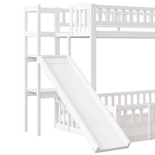 Cama beliche 90x200 cm e 140x200 cm - Corrimão, madeira de pinho, escorregador, escadas, En747, várias prateleiras, porta pequena extensível - Branco