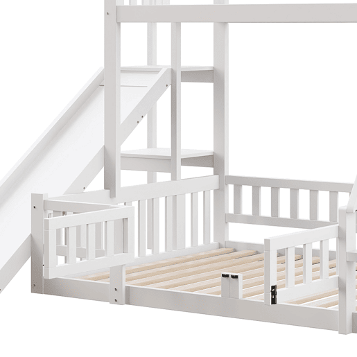 Cama beliche 90x200 cm e 140x200 cm - Corrimão, madeira de pinho, escorregador, escadas, En747, várias prateleiras, porta pequena extensível - Branco