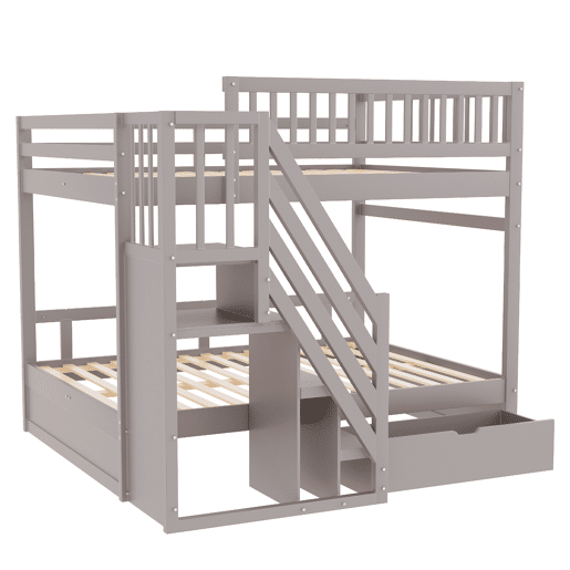 Cama beliche 140*200 cm - Com painel de segurança alto, com estrado, escada de segurança com arrumação, com gavetas de arrumação - Cinza