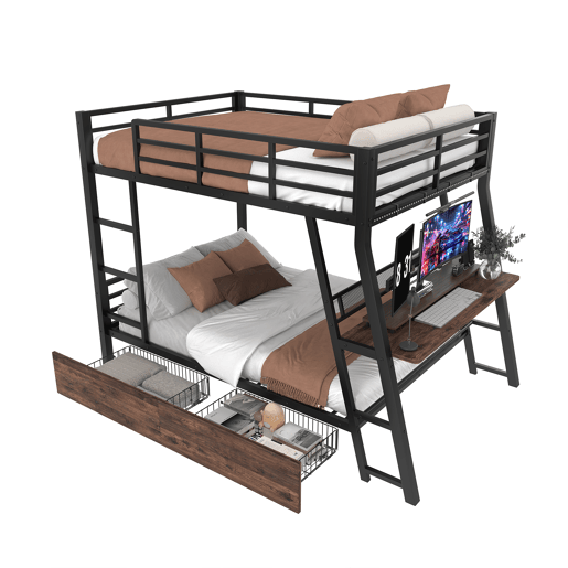 Cama alta 140x200 cm - Estrutura em ferro, tira LED, gavetas, grade, escada, secretária - Preto Cama alta 140x200 cm - Estrutura em ferro, tira LED, gavetas, grade, escada, secretária - Preto