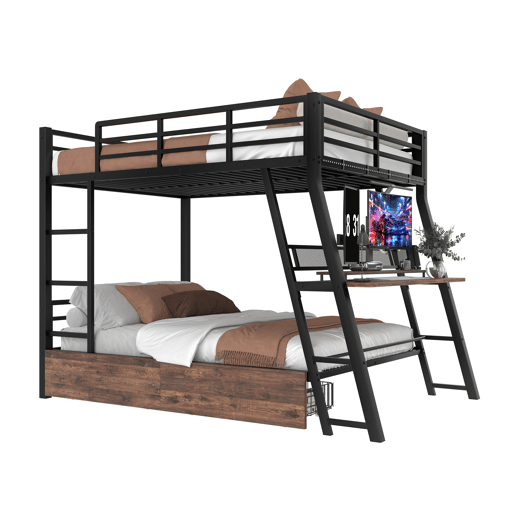 Cama alta 140x200 cm - Estrutura em ferro, tira LED, gavetas, grade, escada, secretária - Preto Cama alta 140x200 cm - Estrutura em ferro, tira LED, gavetas, grade, escada, secretária - Preto