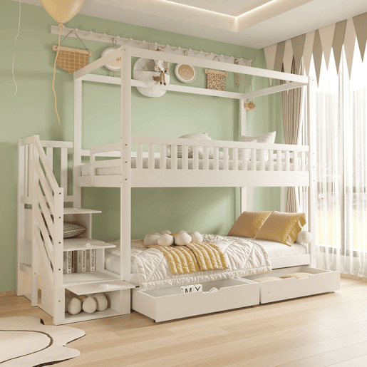 Cama beliche infantil 90*200 cm - Cama dupla em madeira maciça, design em forma de casa, com grade de segurança, escada com arrumação - Branco