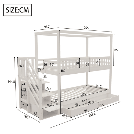 Cama beliche infantil 90*200 cm - Cama dupla em madeira maciça, design em forma de casa, com grade de segurança, escada com arrumação - Branco