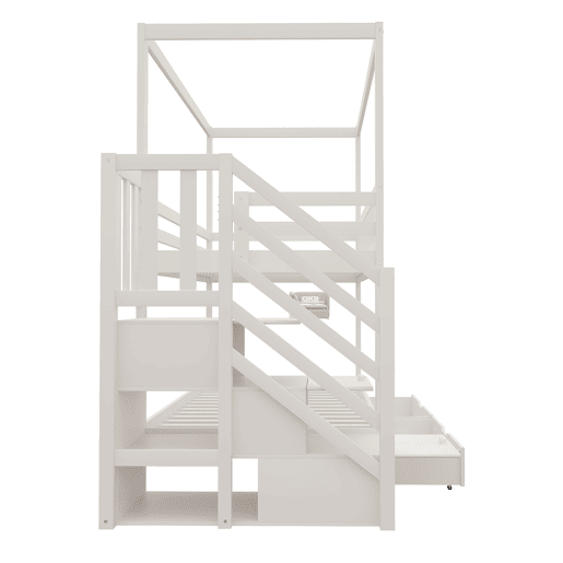 Cama beliche infantil 90*200 cm - Cama dupla em madeira maciça, design em forma de casa, com grade de segurança, escada com arrumação - Branco