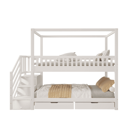 Cama beliche infantil 90*200 cm - Cama dupla em madeira maciça, design em forma de casa, com grade de segurança, escada com arrumação - Branco