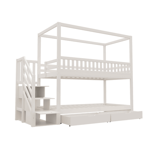 Cama beliche infantil 90*200 cm - Cama dupla em madeira maciça, design em forma de casa, com grade de segurança, escada com arrumação - Branco