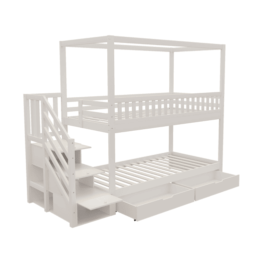 Cama beliche infantil 90*200 cm - Cama dupla em madeira maciça, design em forma de casa, com grade de segurança, escada com arrumação - Branco