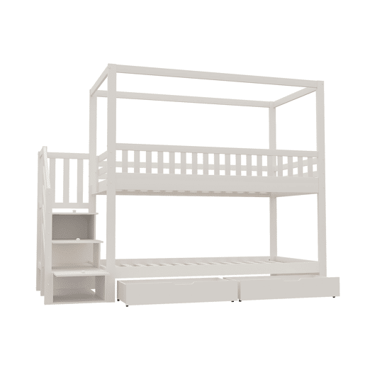 Cama beliche infantil 90*200 cm - Cama dupla em madeira maciça, design em forma de casa, com grade de segurança, escada com arrumação - Branco