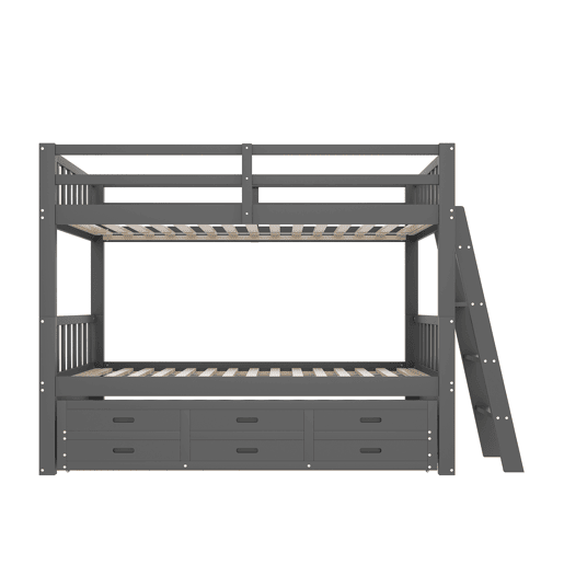 Litera 90x200cm - Cama infantil, cama tipo casa, estrutura em pinho e MDF com escada e cama extraível com 3 gavetas - Cinza