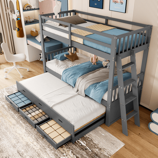 Litera 90x200cm - Cama infantil, cama tipo casa, estrutura em pinho e MDF com escada e cama extraível com 3 gavetas - Cinza