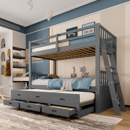 Litera 90x200cm - Cama infantil, cama tipo casa, estrutura em pinho e MDF com escada e cama extraível com 3 gavetas - Cinza