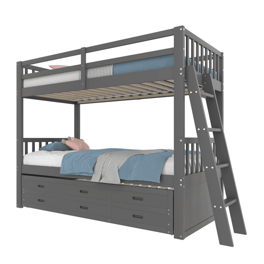 Litera 90x200cm - Cama infantil, cama tipo casa, estrutura em pinho e MDF com escada e cama extraível com 3 gavetas - Cinza