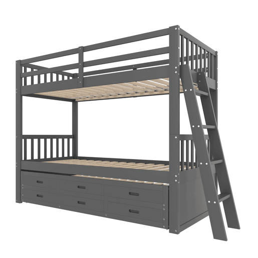 Litera 90x200cm - Cama infantil, cama tipo casa, estrutura em pinho e MDF com escada e cama extraível com 3 gavetas - Cinza