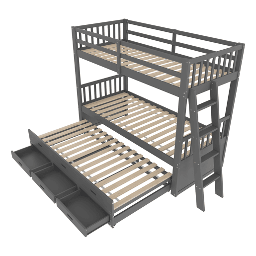 Litera 90x200cm - Cama infantil, cama tipo casa, estrutura em pinho e MDF com escada e cama extraível com 3 gavetas - Cinza