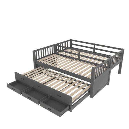Litera 90x200cm - Cama infantil, cama tipo casa, estrutura em pinho e MDF com escada e cama extraível com 3 gavetas - Cinza