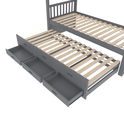 Litera 90x200cm - Cama infantil, cama tipo casa, estrutura em pinho e MDF com escada e cama extraível com 3 gavetas - Cinza