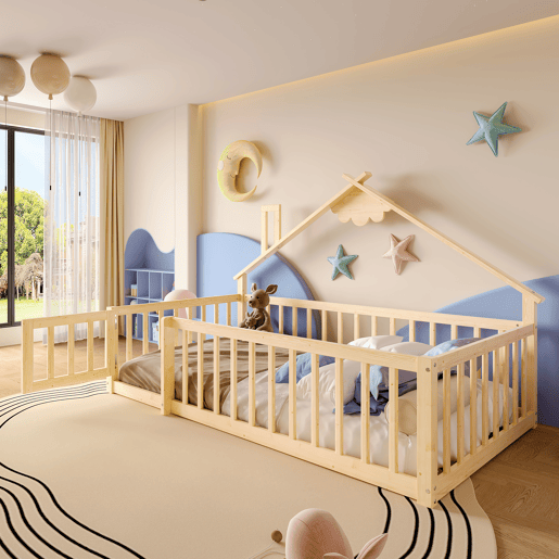 Cama infantil 90x190 cm - Barra de segurança, grade com fechadura - Natural