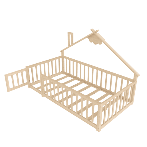 Cama infantil 90x190 cm - Barra de segurança, grade com fechadura - Natural