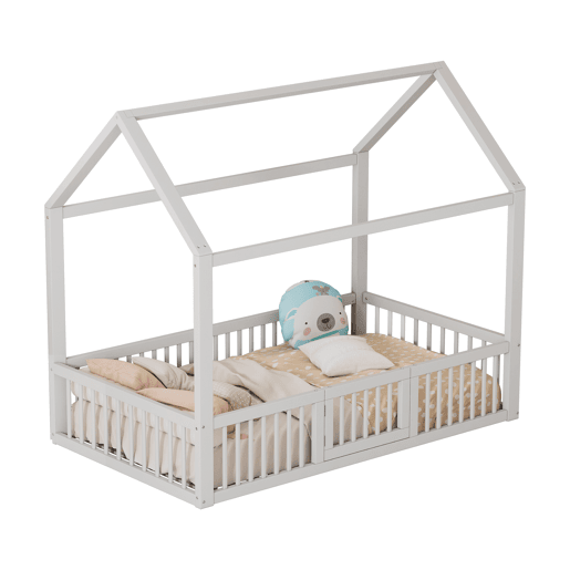 Cama de madeira maciça 90x200 cm - Cama de casal, cama plana, cama de casa, cama de casa com porta - Branca